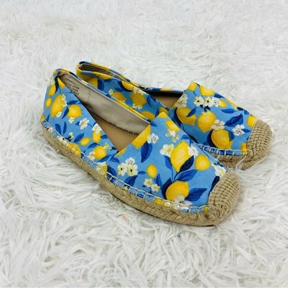 NWOT ANN TAYLOR blue & yellow lemon print tapestry summer espadrille shoes SZ 6 - Picture 3 of 17
